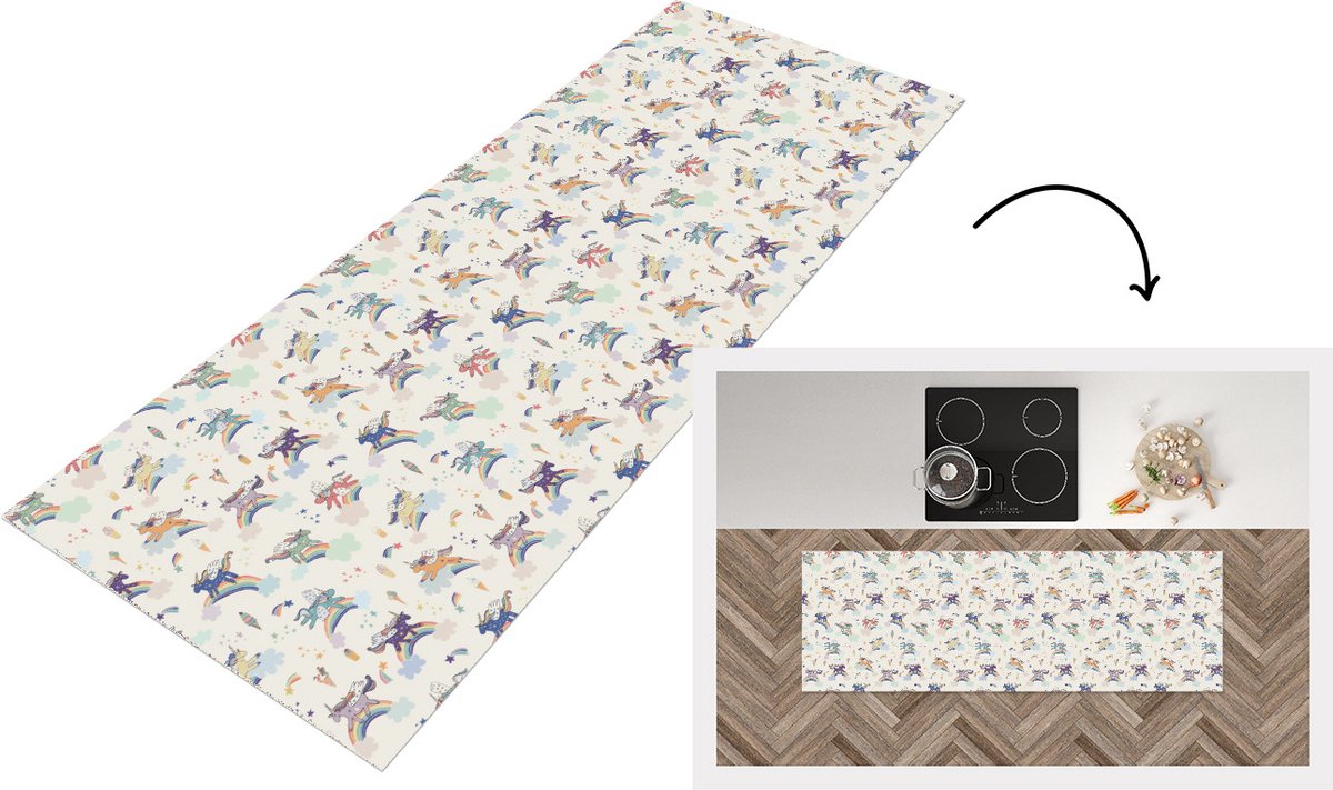KitchenYeah Keukenloper - Loper keuken - Unicorn - Regenboog - Patronen - 180x60 cm - Keukenloper vinyl Multicolor