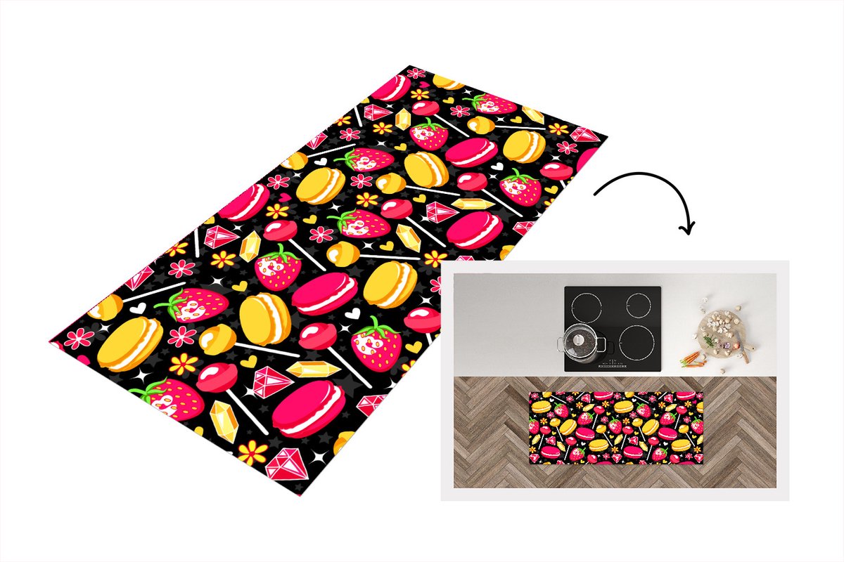 KitchenYeah Keukenloper - Loper keuken - Snoep - Patroon - Aardbei - 120x50 cm - Keukenloper vinyl Multicolor