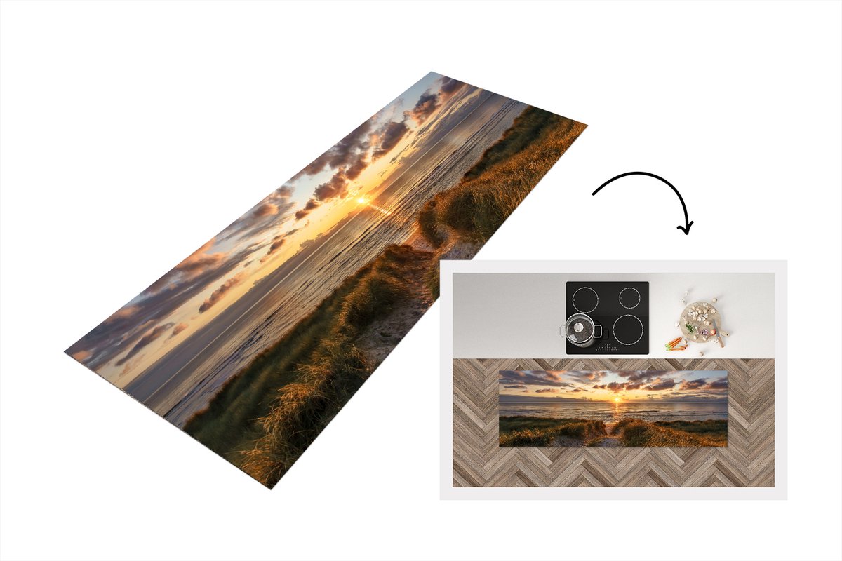 KitchenYeah Keukenloper - Loper keuken - Kleurrijke zonsondergang boven de kalme duinen - 150x50 cm - Keukenloper vinyl Multicolor