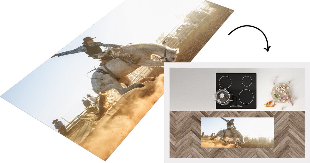 KitchenYeah Keukenloper - Loper keuken - Paard - Cowboy - Stof - 120x50 cm - Keukenloper vinyl Multicolor
