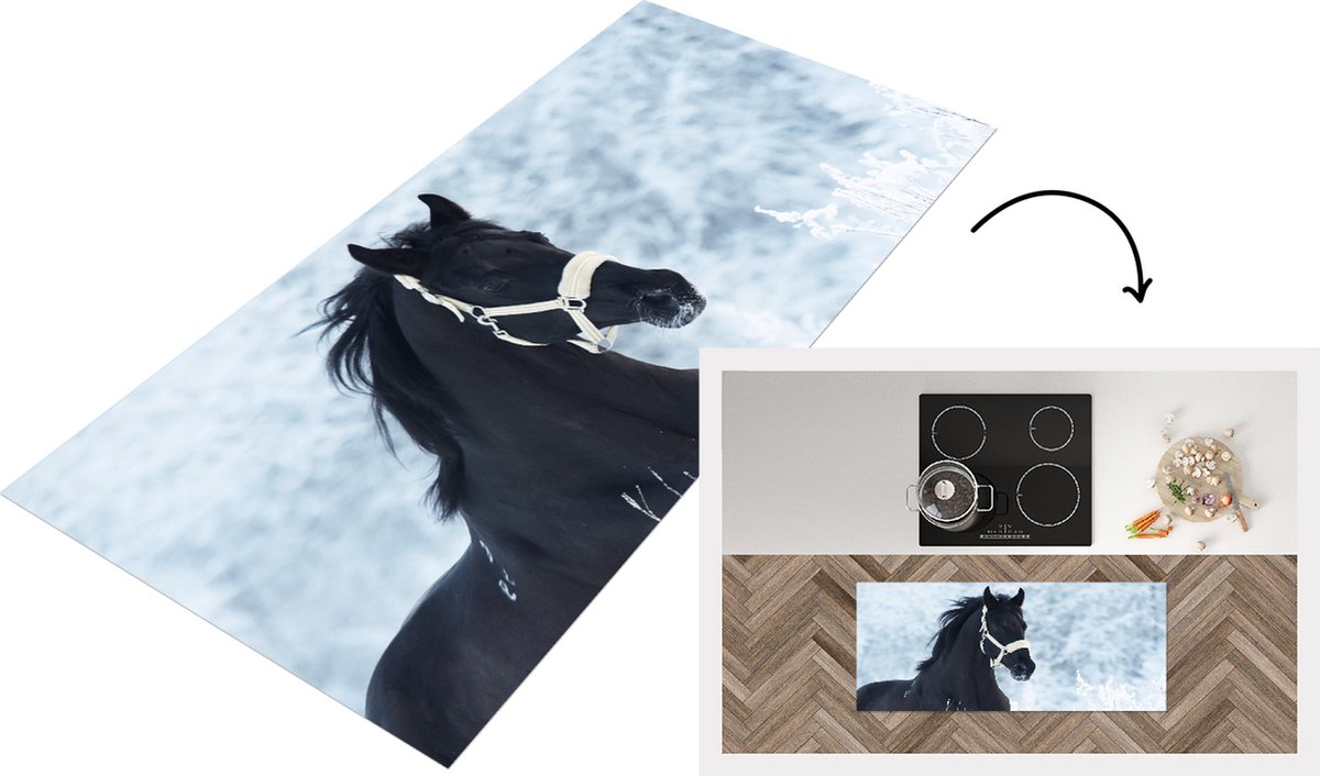 KitchenYeah Keukenloper - Loper keuken - Paard - Sneeuw - Winter - 120x50 cm - Keukenloper vinyl Multicolor