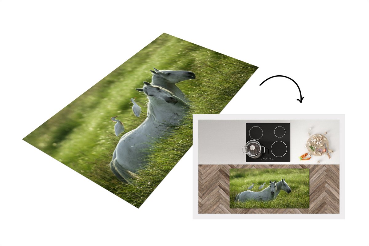 KitchenYeah Keukenloper - Loper keuken - Paarden - Vogel - Gras - 120x60 cm - Keukenloper vinyl Multicolor