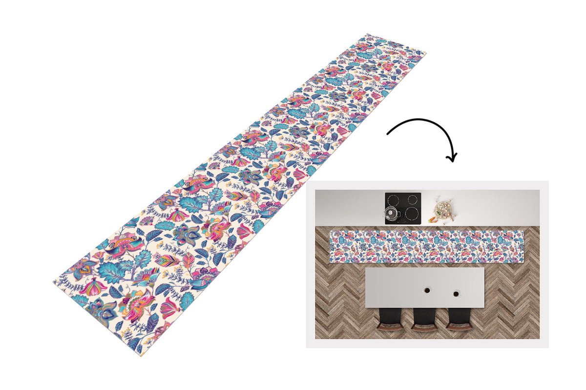 KitchenYeah Keukenloper - Loper keuken - Regenboog - Bloemen - Schets - Patronen - 300x50 cm - Keukenloper vinyl Multicolor