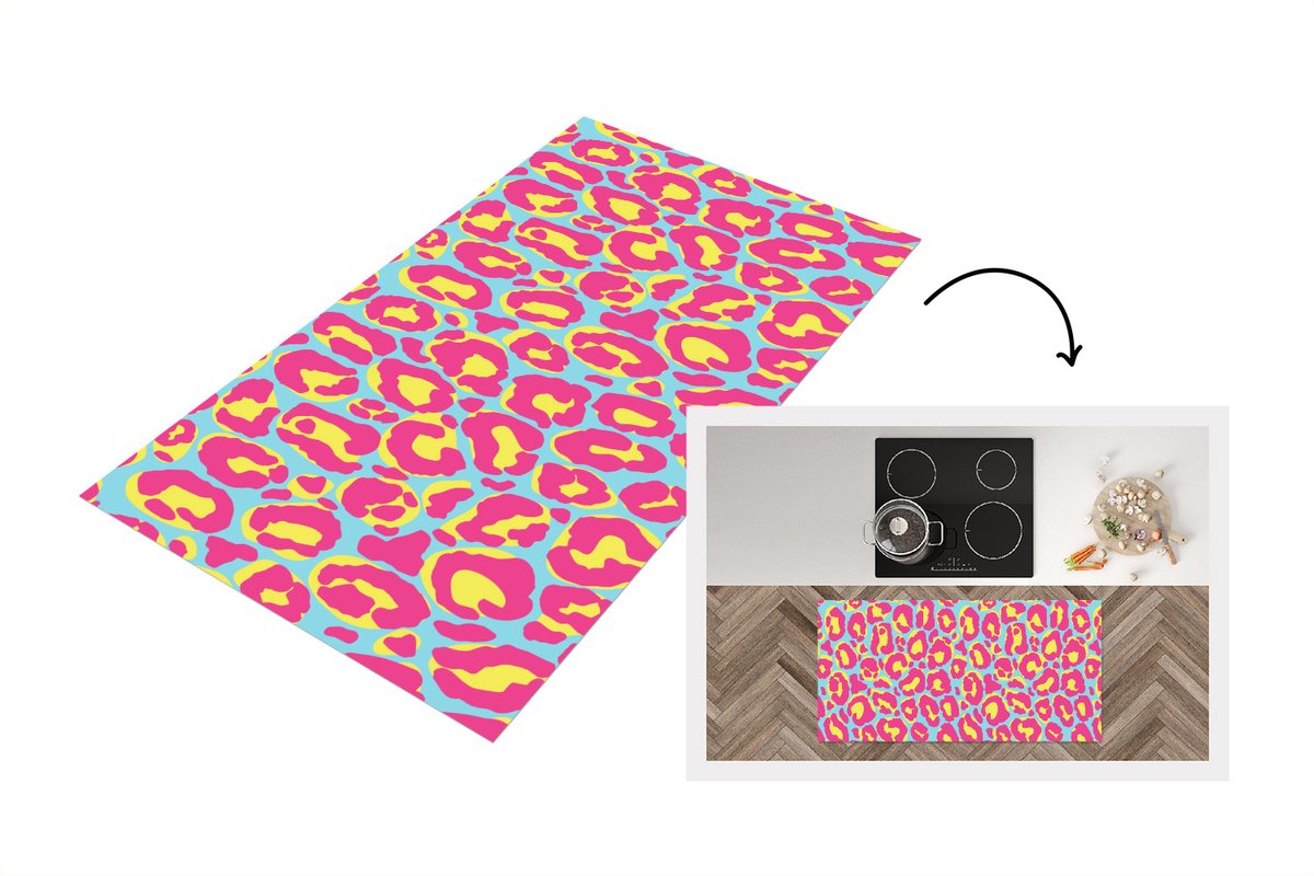 KitchenYeah Keukenloper - Loper keuken - Panterprint - Roze - Geel - Patroon - 200x50 cm - Keukenloper vinyl, foto 6
