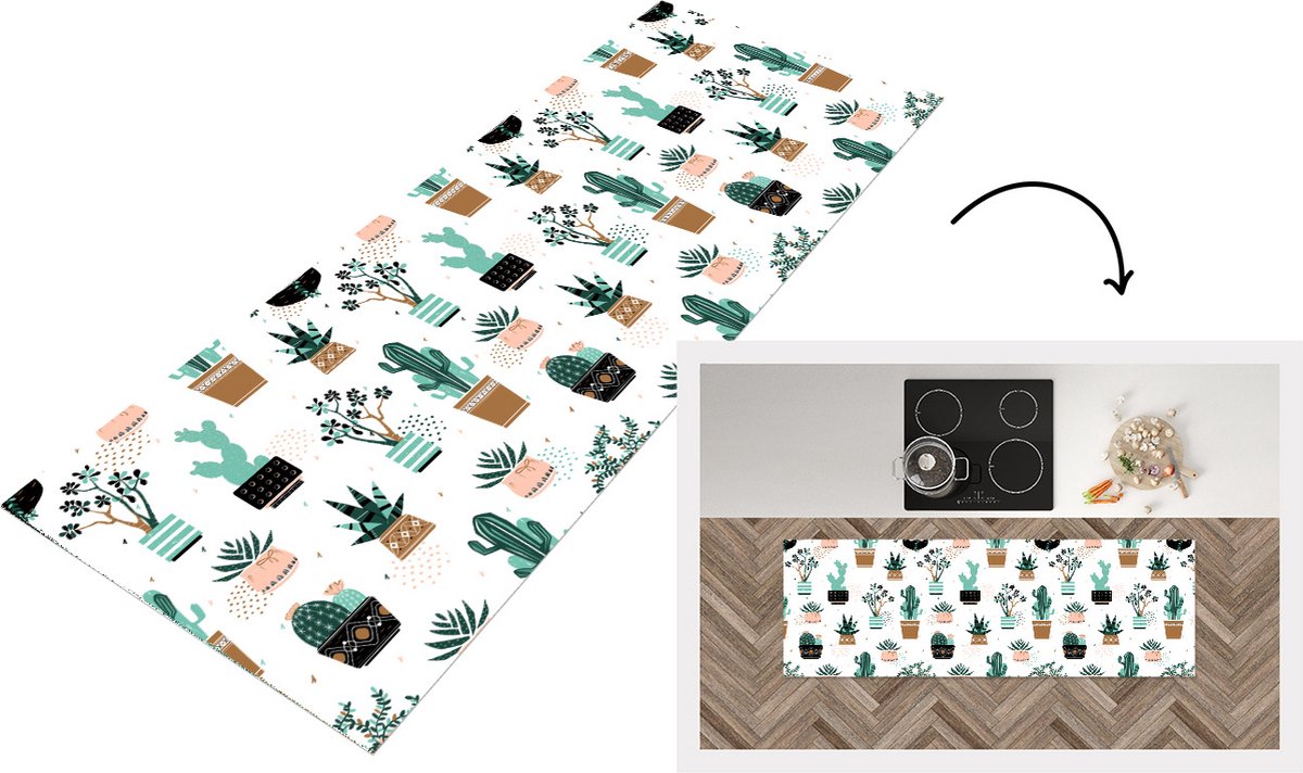 KitchenYeah Keukenloper - Loper keuken - Patronen - Cactus - Planten - 150x50 cm - Keukenloper vinyl Multicolor
