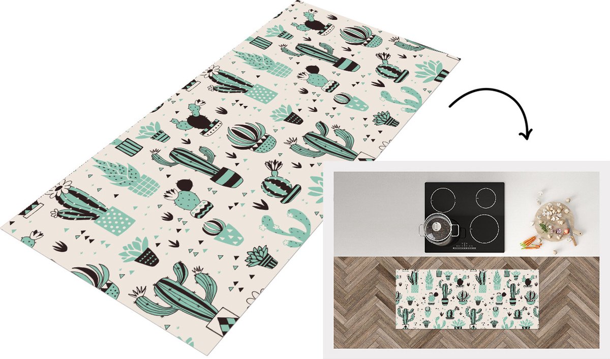 KitchenYeah Keukenloper - Loper keuken - Patroon - Cactus - Pot - 120x50 cm - Keukenloper vinyl Multicolor