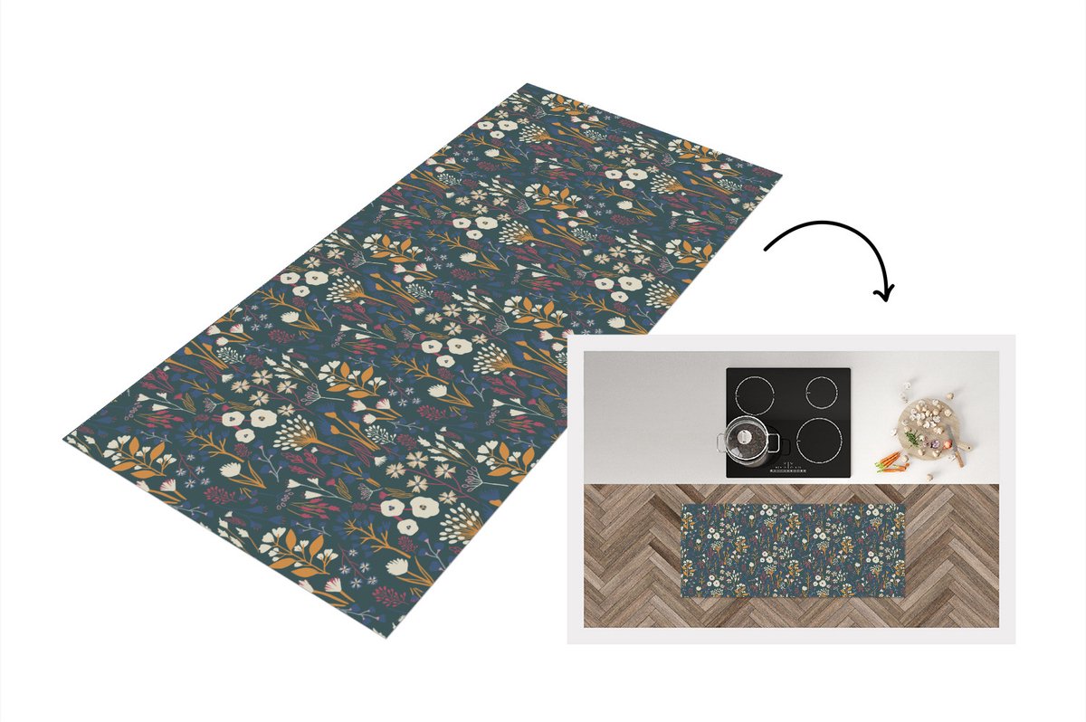 KitchenYeah Keukenloper - Loper keuken - Patronen - Bloemen - Flora - 120x50 cm - Keukenloper vinyl Multicolor