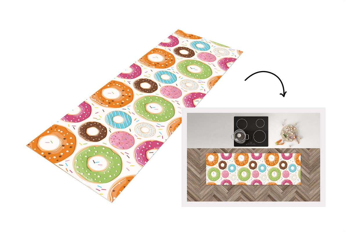 KitchenYeah Keukenloper - Loper keuken - Tiener - Donut - Patroon - 150x50 cm - Keukenloper vinyl Multicolor