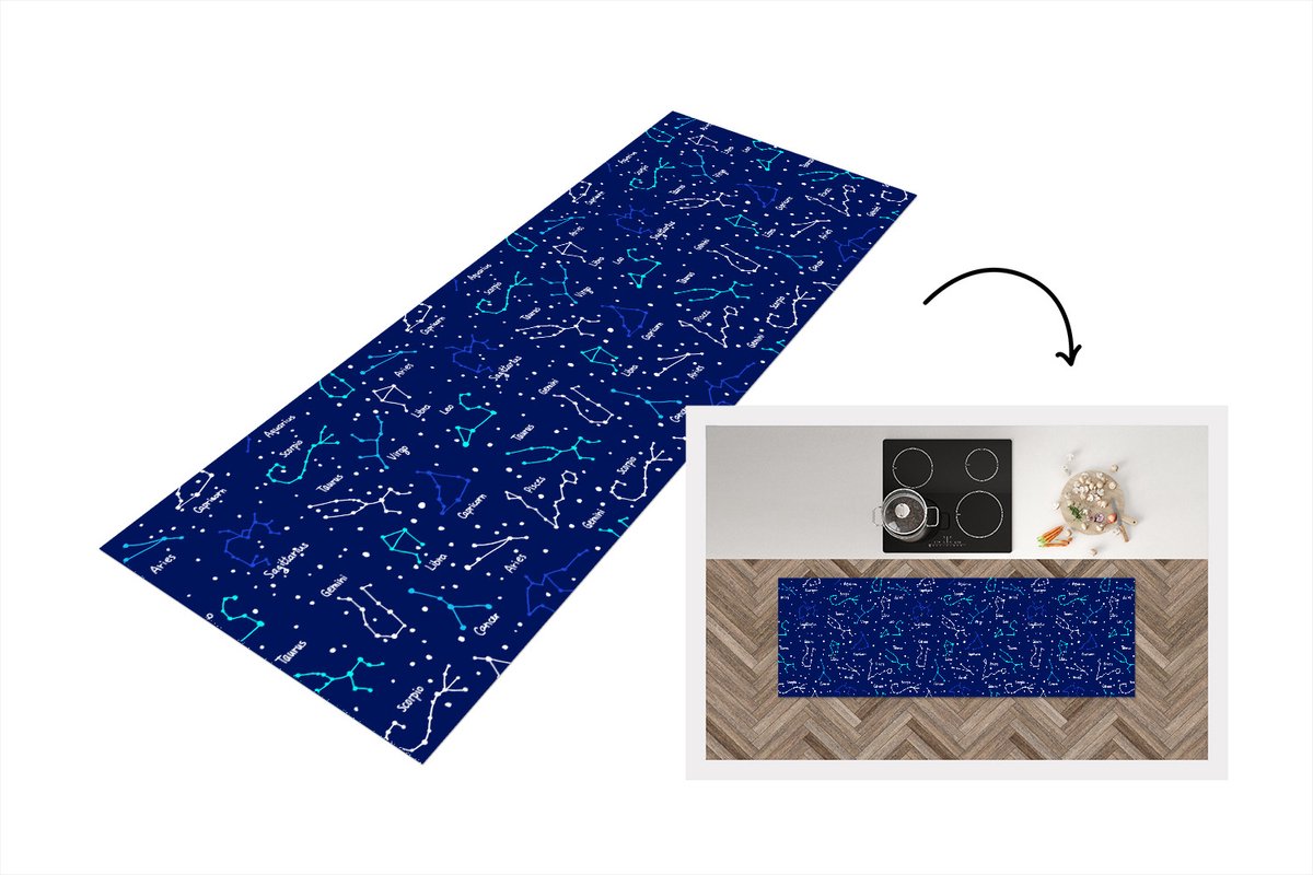 KitchenYeah Keukenloper - Loper keuken - Zodiac - Sterrenhemel - Nacht - Patronen - Jongens - 150x50 cm - Keukenloper vinyl Multicolor