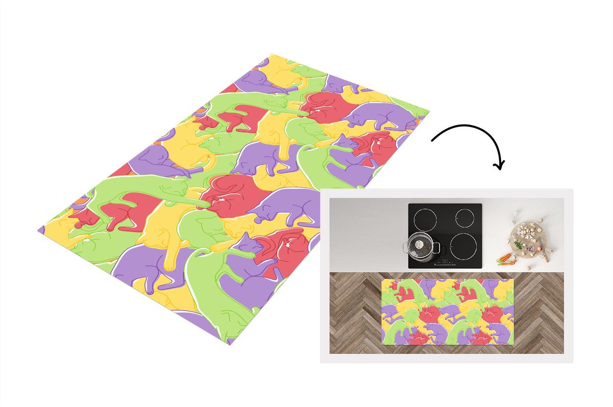 KitchenYeah Keukenloper - Loper keuken - Katten - Regenboog - Kinderen - Pastel - Patronen - 120x60 cm - Keukenloper vinyl Multicolor