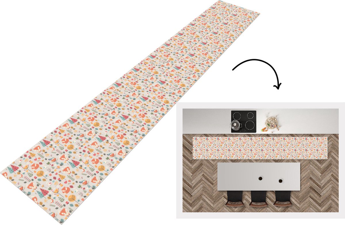 KitchenYeah Keukenloper - Loper keuken - Vos - Bloemen - Regenboog - Kinderen - Design - 300x50 cm - Keukenloper vinyl Multicolor