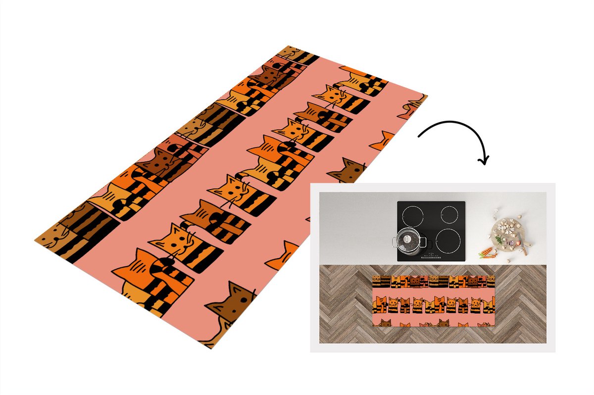 KitchenYeah Keukenloper - Loper keuken - Katten - Patronen - Dieren - Kinderen - 120x50 cm - Keukenloper vinyl Multicolor