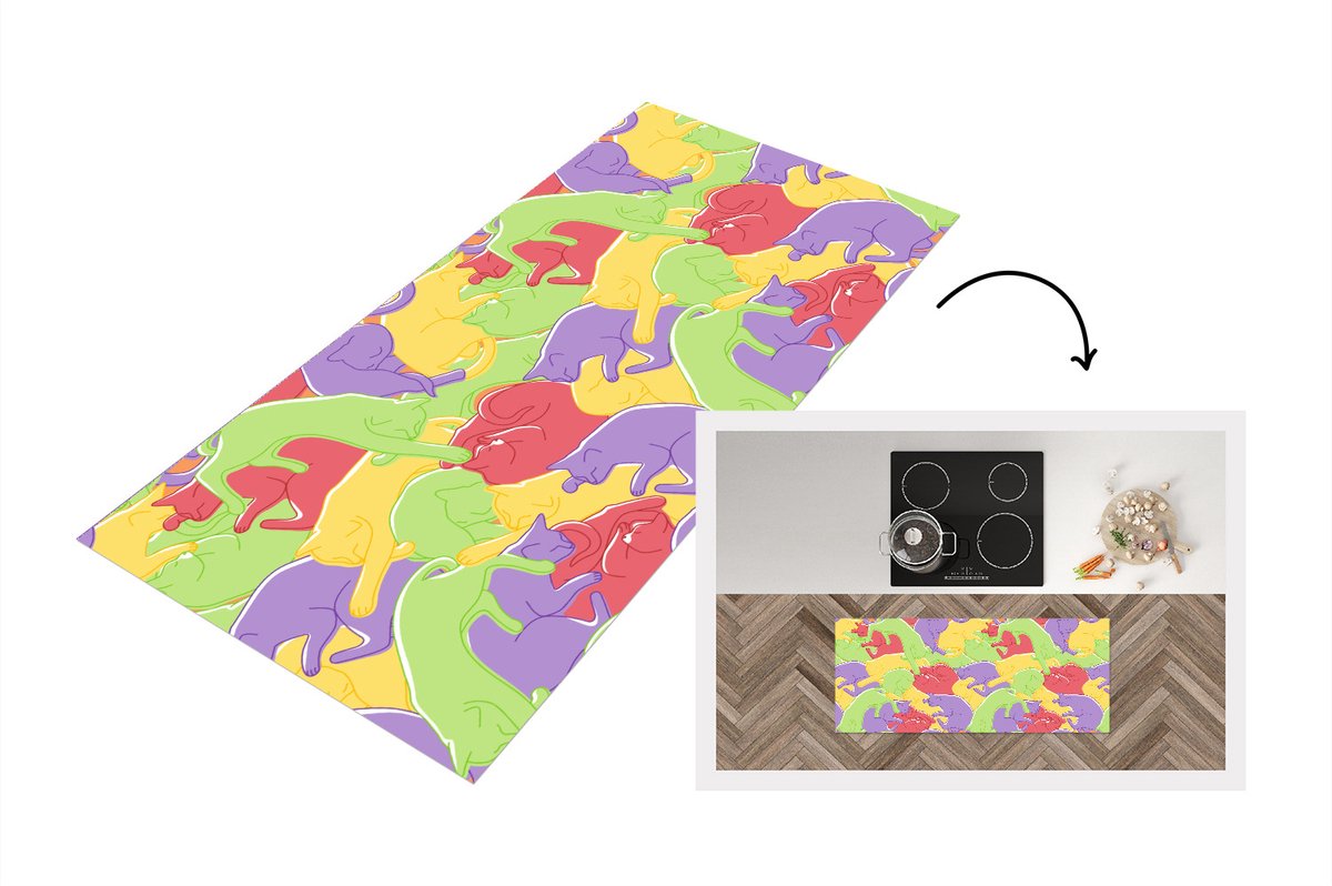KitchenYeah Keukenloper - Loper keuken - Katten - Regenboog - Kinderen - Pastel - Patronen - 120x50 cm - Keukenloper vinyl Multicolor