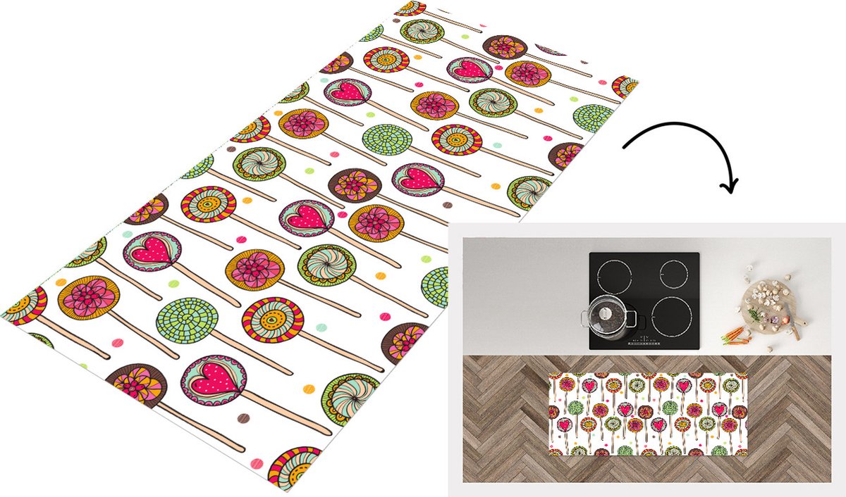 KitchenYeah Keukenloper - Loper keuken - Patroon - Lolly - Hartjes - Snoep - 120x50 cm - Keukenloper vinyl Multicolor