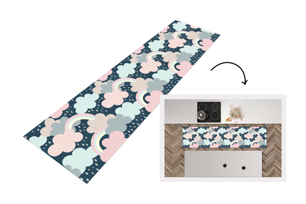 KitchenYeah Keukenloper - Loper keuken - Regenboog - Wolk - Regen - Kinderen - Patronen - 240x60 cm - Keukenloper vinyl Multicolor
