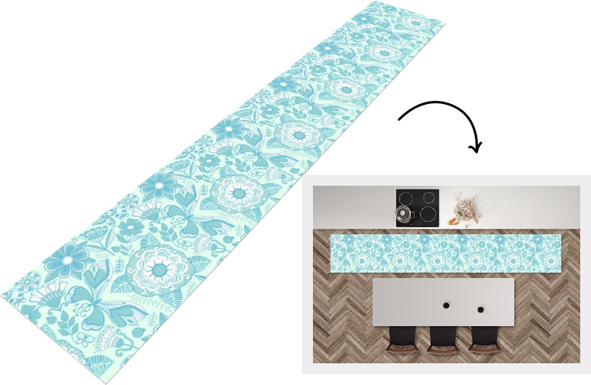 KitchenYeah Keukenloper - Loper keuken - Bloemen - Blauw - Wit - Patroon - Keukenloper vinyl, foto 5