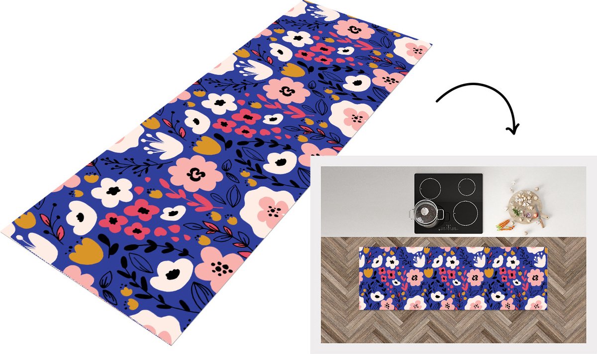 KitchenYeah Keukenloper - Loper keuken - Bloemen - Bladeren - Patronen - 180x60 cm - Keukenloper vinyl Multicolor