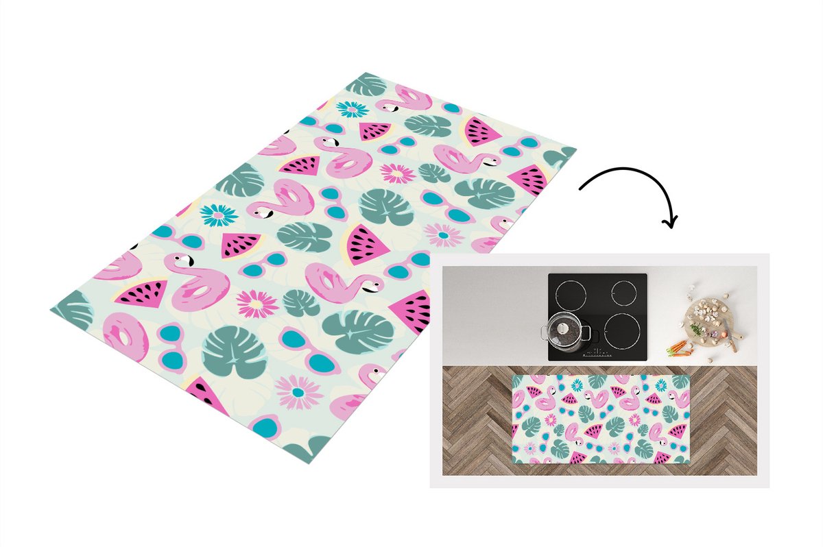 KitchenYeah Keukenloper - Loper keuken - Zomer - Patroon - Flamingo - Monstera - 120x60 cm - Keukenloper vinyl Multicolor