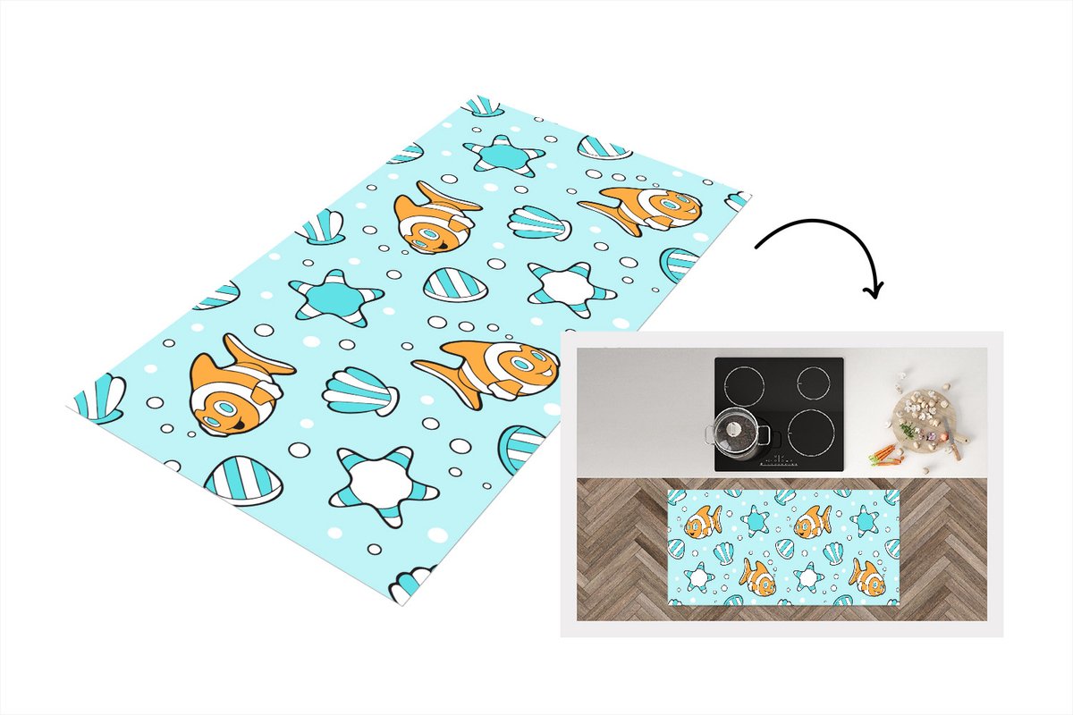 KitchenYeah Keukenloper - Loper keuken - Patroon - Clownvis - Zee - Dieren - 120x60 cm - Keukenloper vinyl Multicolor