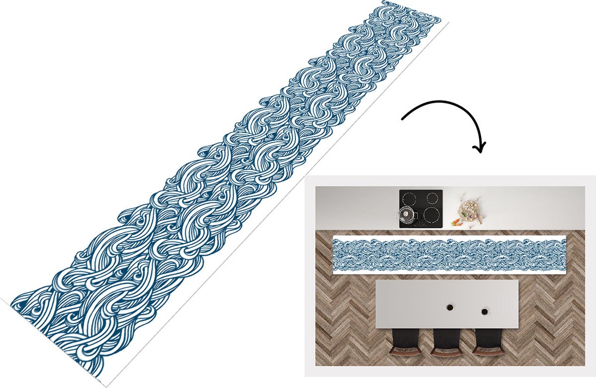 Keukenloper - Loper keuken - Patroon - Golven - Zee - 300x50 cm - Keukenloper vinyl