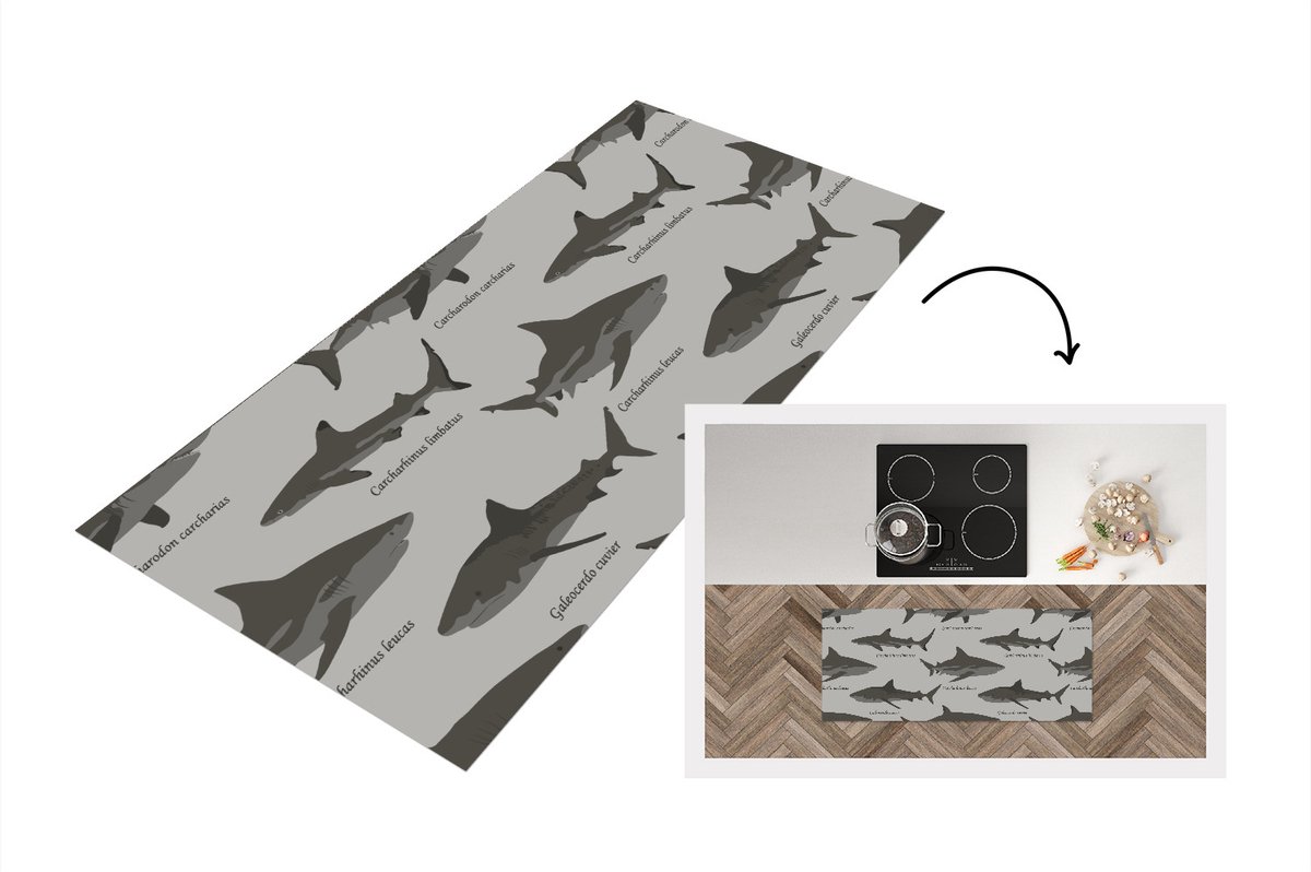 KitchenYeah Keukenloper - Loper keuken - Patronen - Haai - Zee - 120x50 cm - Keukenloper vinyl Multicolor
