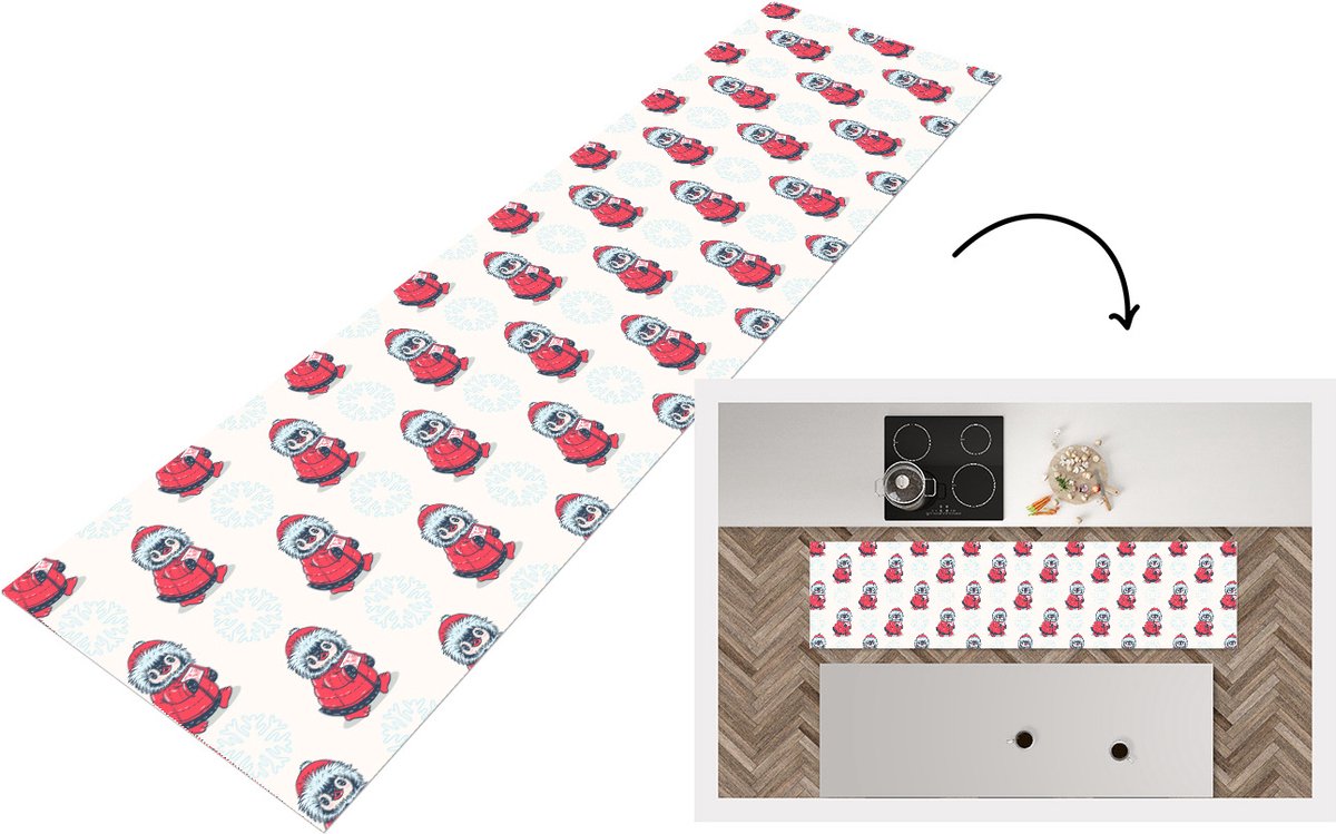 KitchenYeah Keukenloper - Loper keuken - Pinguïn - Sneeuw - Brief - Kerst - Patronen - 240x60 cm - Keukenloper vinyl Multicolor