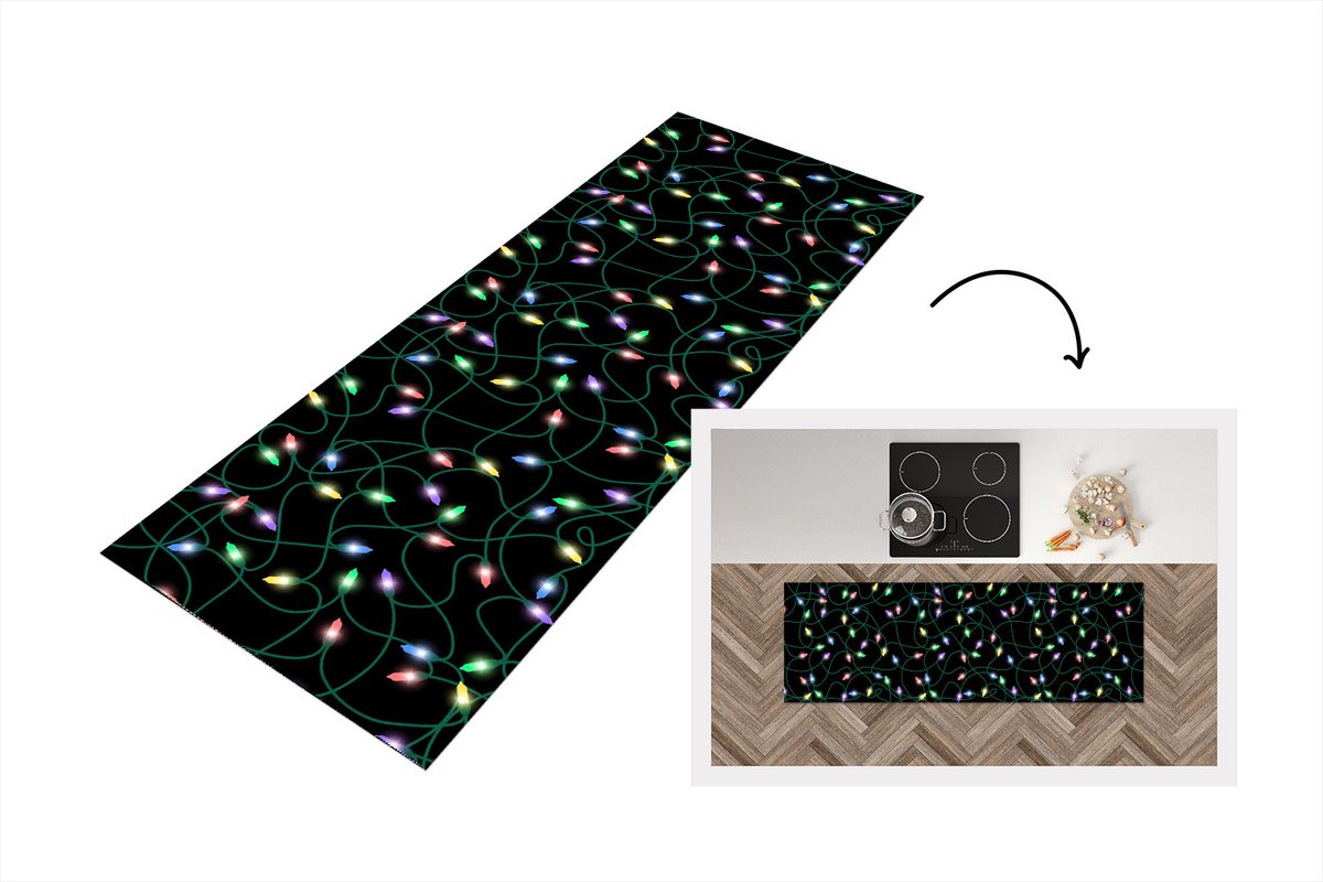 KitchenYeah Keukenloper - Loper keuken - Lichtsnoer - Kerstmis - Pastel - Patronen - 150x50 cm - Keukenloper vinyl Multicolor