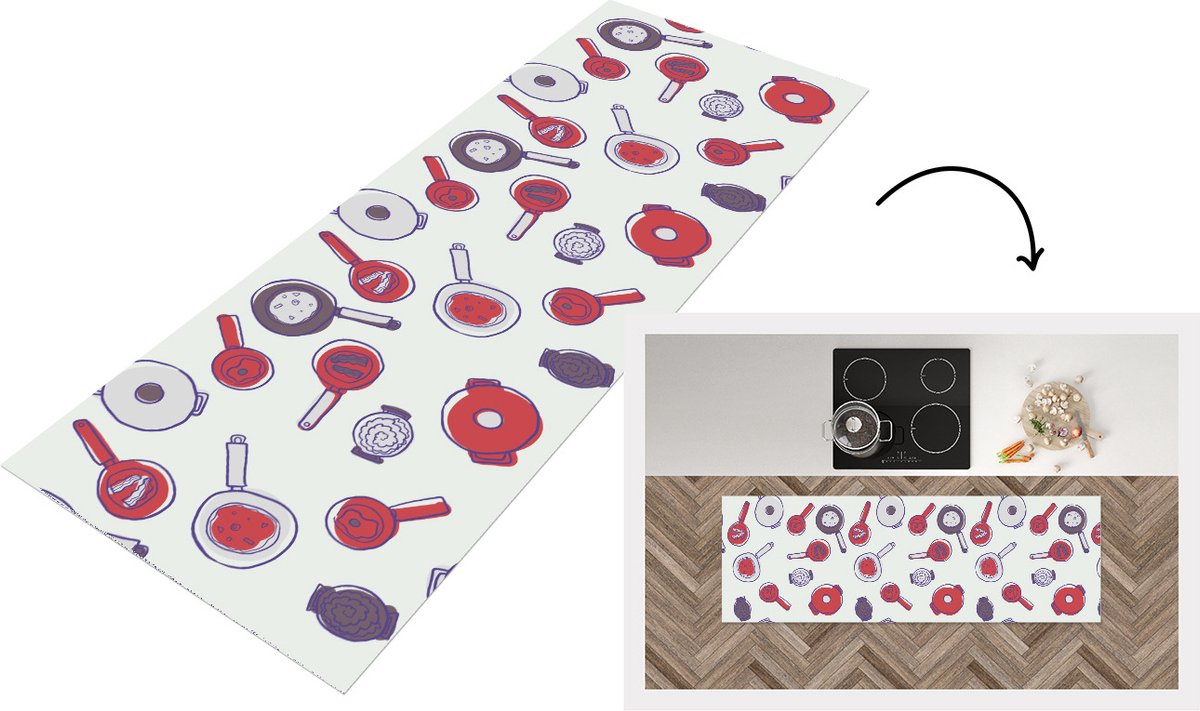 KitchenYeah Keukenloper - Loper keuken - Patroon - Koken - Pan - Eten - 150x50 cm - Keukenloper vinyl Multicolor