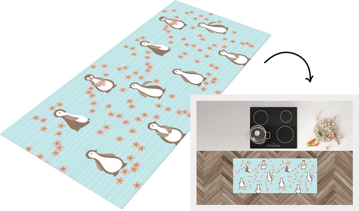 KitchenYeah Keukenloper - Loper keuken - Bloemen - Design - Pinguïn - 120x50 cm - Keukenloper vinyl Multicolor