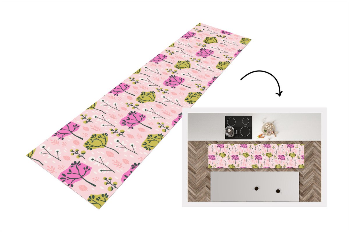 KitchenYeah Keukenloper - Loper keuken - Roze - Bomen - Bladeren - Design - 240x60 cm - Keukenloper vinyl Multicolor