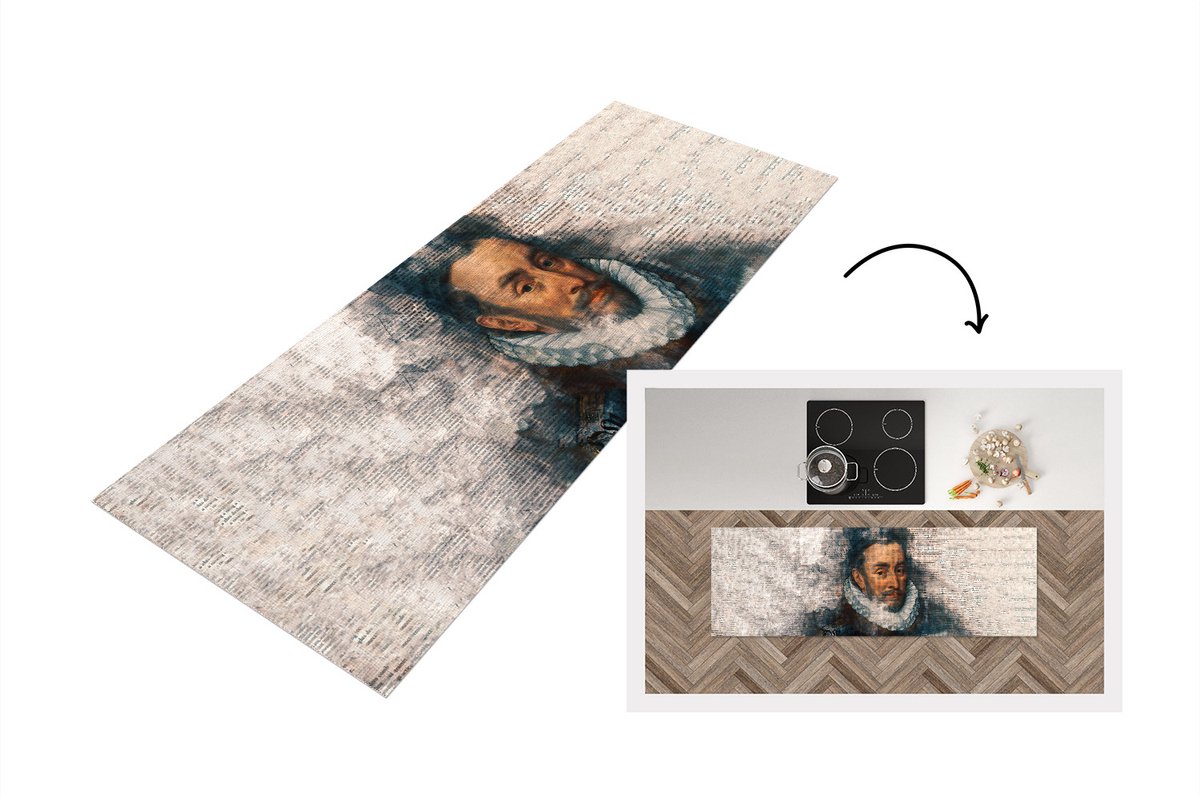 KitchenYeah Keukenloper - Loper keuken - Willem van Oranje - Waterverf - Krant - 150x50 cm - Keukenloper vinyl Multicolor