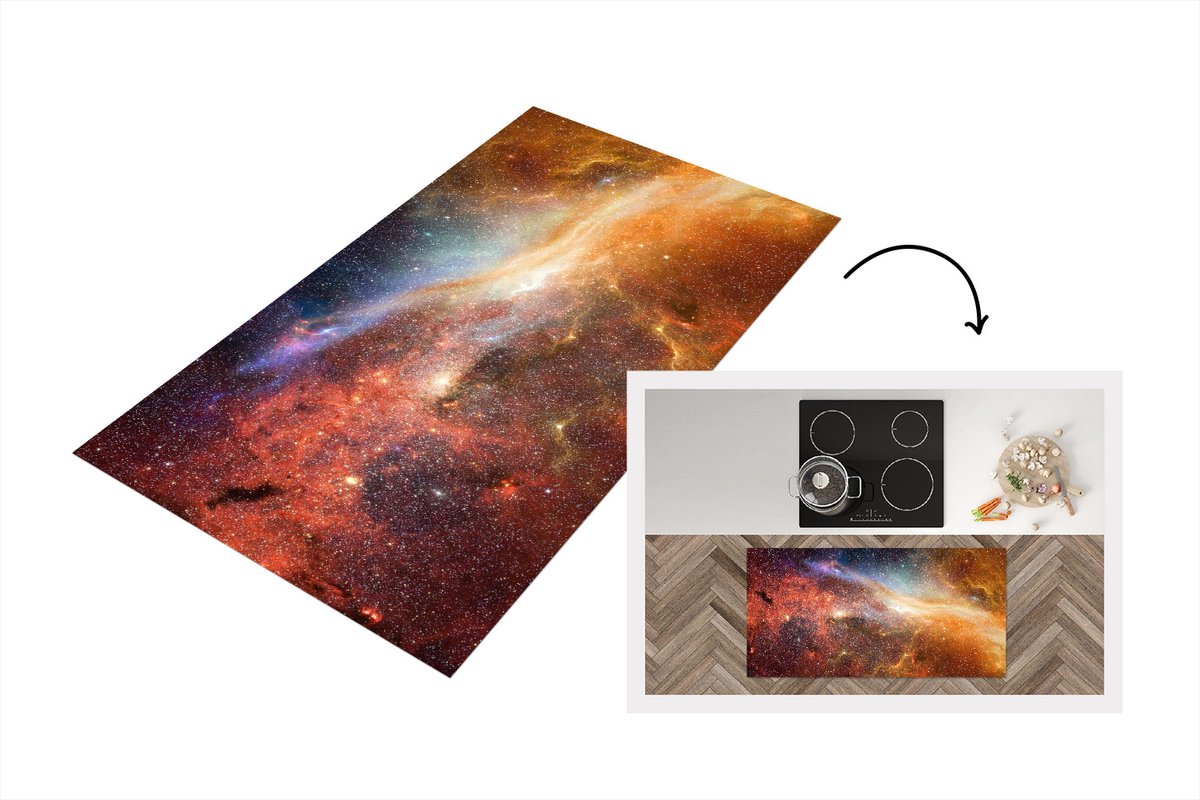 KitchenYeah Keukenloper - Loper keuken - Ruimte - Sterren - Oranje - 120x60 cm - Keukenloper vinyl Multicolor