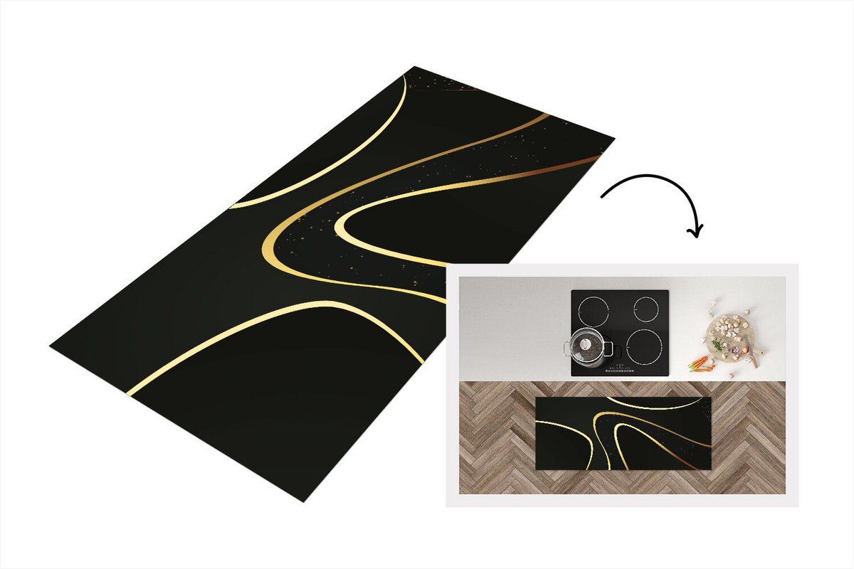 KitchenYeah Keukenloper - Loper keuken - Gouden golven op een zwarte achtergrond - 120x50 cm - Keukenloper vinyl Multicolor