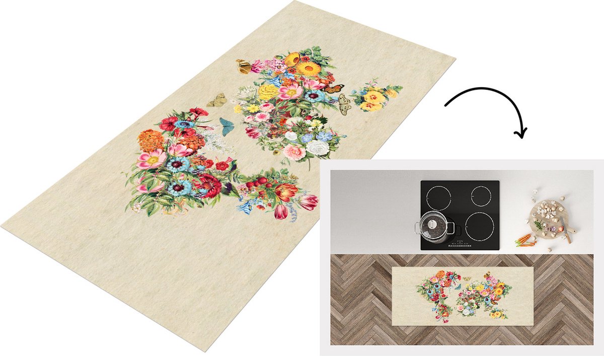 KitchenYeah Keukenloper - Loper keuken - Kaart - Bloemen - Vintage papier - 120x50 cm - Keukenloper vinyl Multicolor