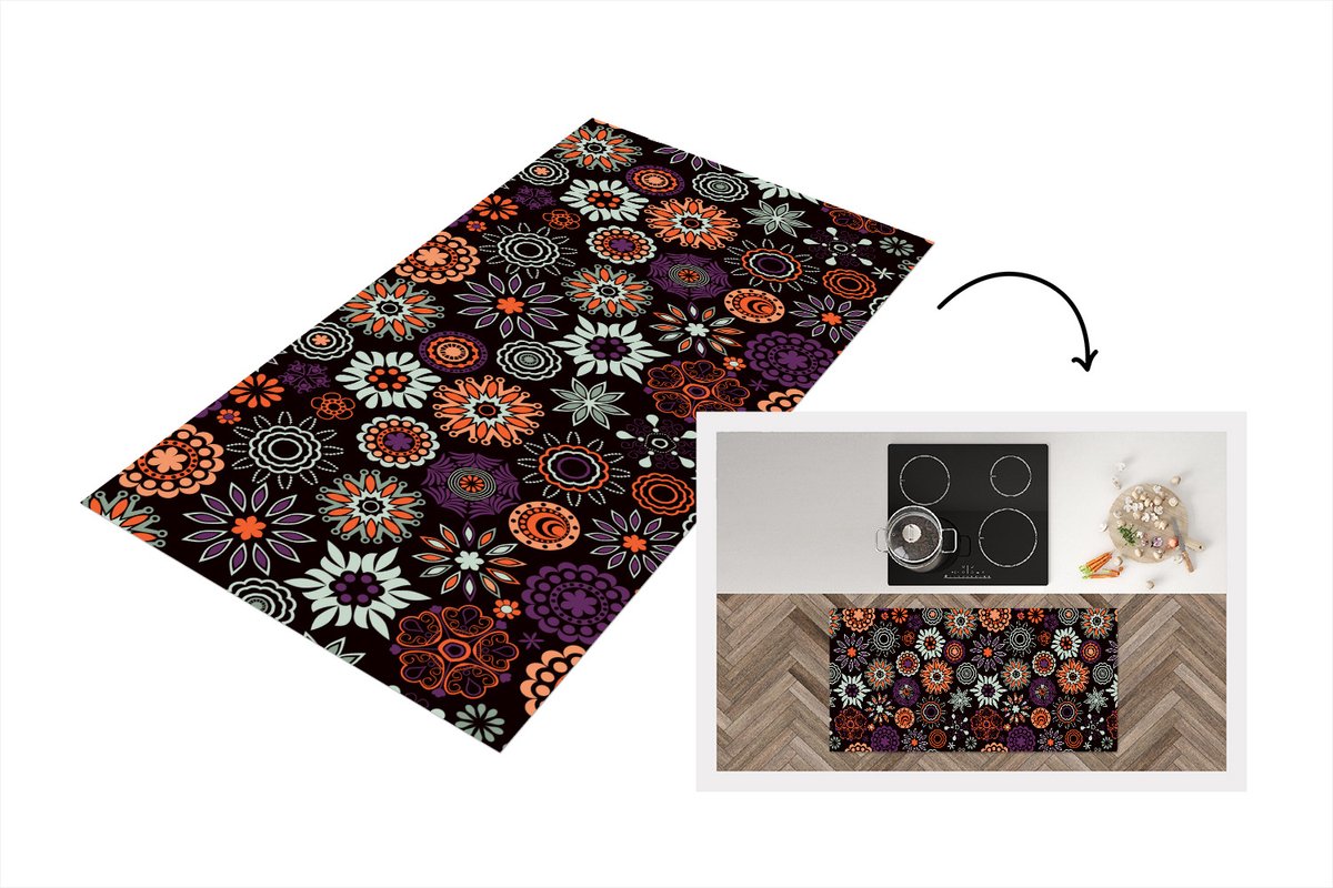 KitchenYeah Keukenloper - Loper keuken - Retro - Bloemen - Regenboog - Boho - Patronen - 120x60 cm - Keukenloper vinyl Multicolor