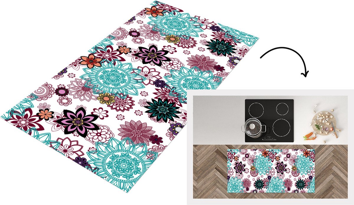KitchenYeah Keukenloper - Loper keuken - Mandala - Bloemen - Patroon - 120x60 cm - Keukenloper vinyl Multicolor