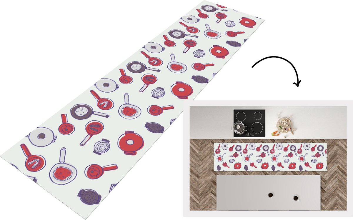 KitchenYeah Keukenloper - Loper keuken - Patroon - Koken - Pan - Eten - 200x50 cm - Keukenloper vinyl Multicolor