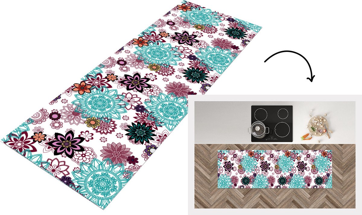 KitchenYeah Keukenloper - Loper keuken - Mandala - Bloemen - Patroon - 180x60 cm - Keukenloper vinyl Multicolor