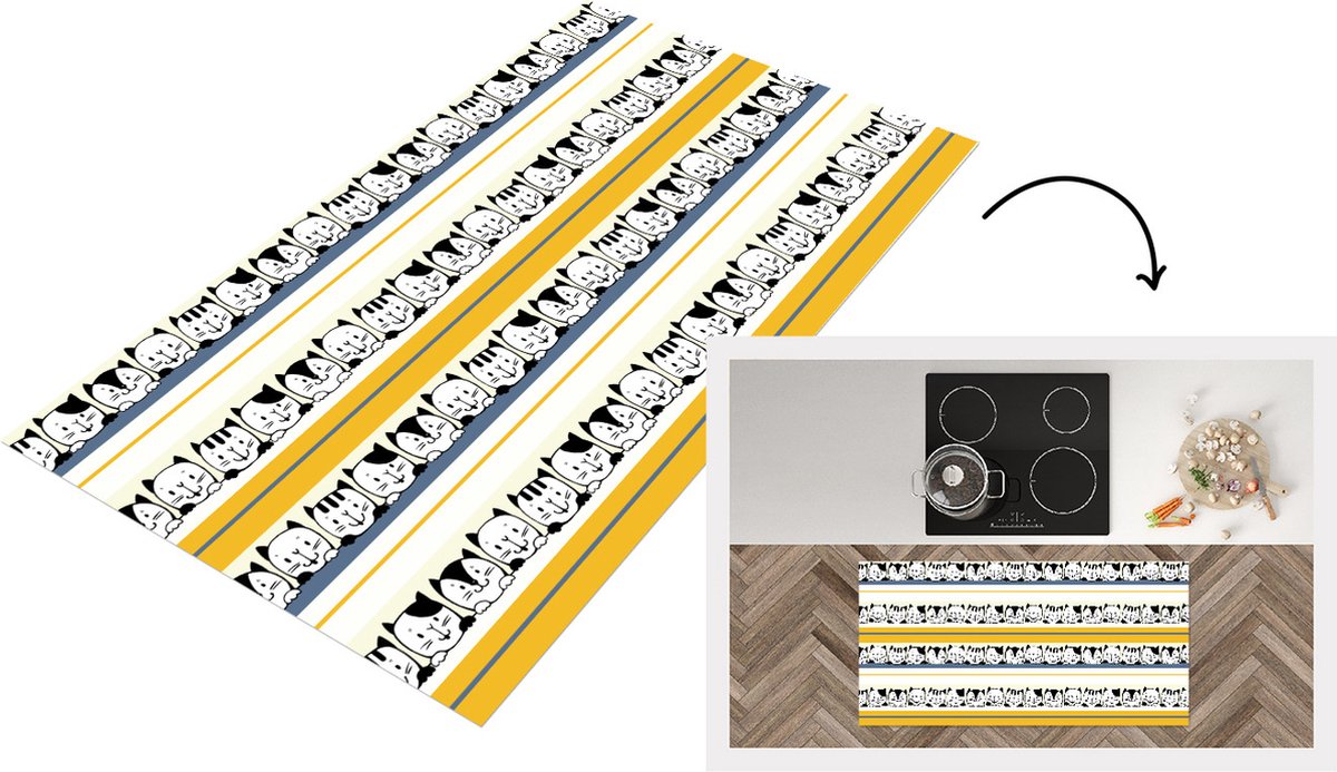 KitchenYeah Keukenloper - Loper keuken - Kat - Patronen - Huisdieren - 120x60 cm - Keukenloper vinyl Multicolor