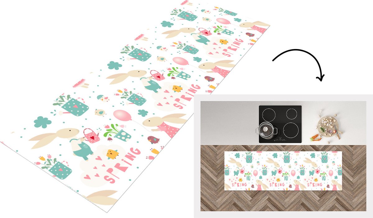 KitchenYeah Keukenloper - Loper keuken - Patroon - Pasen - Lente - 180x60 cm - Keukenloper vinyl Multicolor
