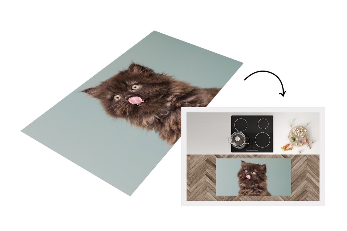 KitchenYeah Keukenloper - Loper keuken - Kitten - Perziche Kat - Tong - 120x60 cm - Keukenloper vinyl Multicolor