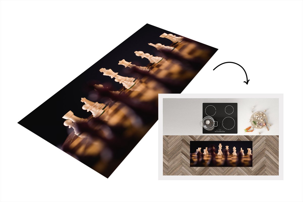 KitchenYeah Keukenloper - Loper keuken - Een schaakspel zwarte achtergrond - 120x50 cm - Keukenloper vinyl Multicolor