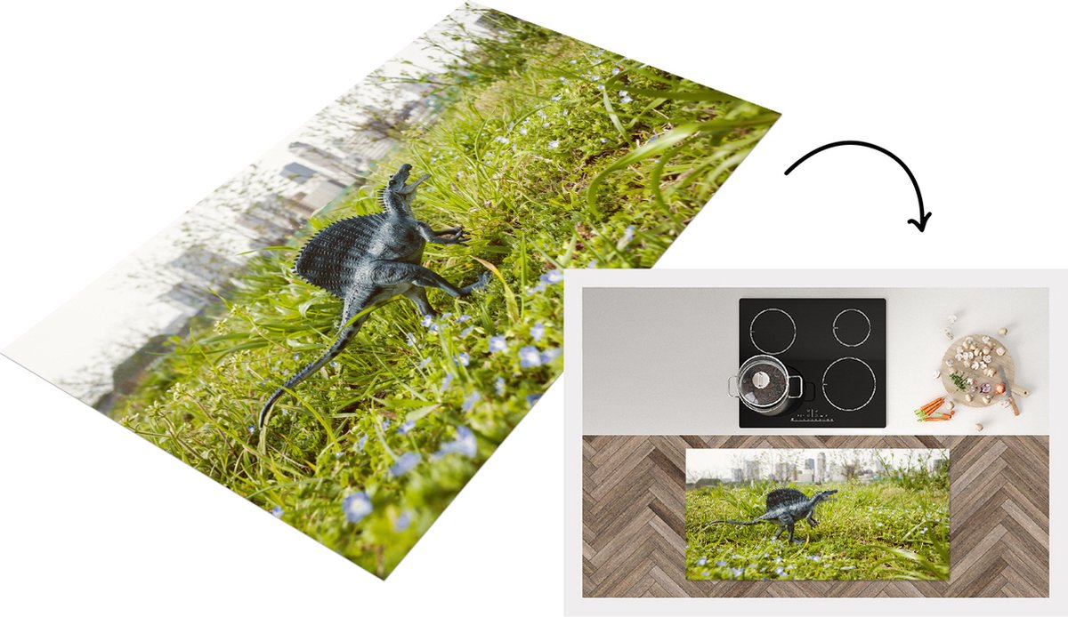 KitchenYeah Keukenloper - Loper keuken - Dinosaurus - Gras - 120x60 cm - Keukenloper vinyl Multicolor