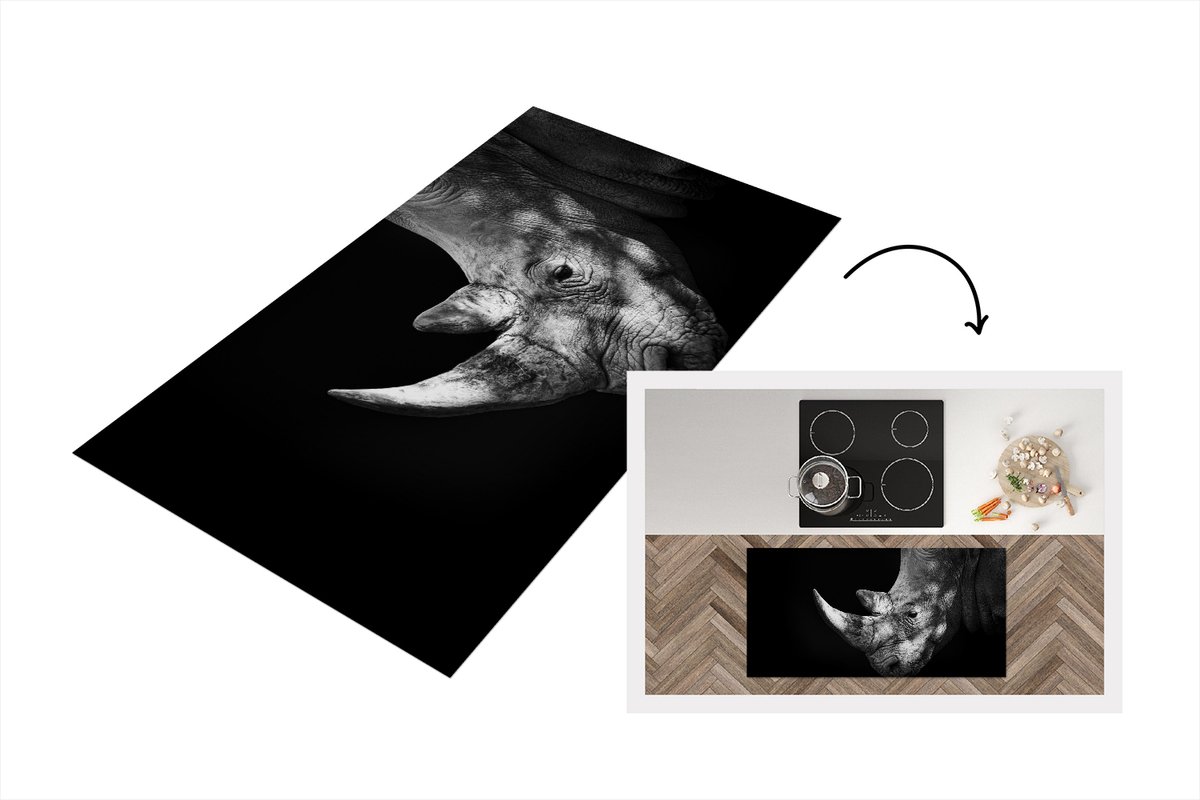 KitchenYeah Keukenloper - Loper keuken - Neushoorn op zwarte achtergrond in zwart-wit - 120x60 cm - Keukenloper vinyl Zwart; Wit