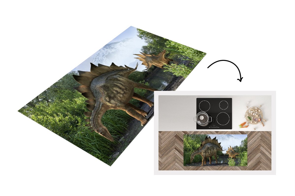 KitchenYeah Keukenloper - Loper keuken - Dinosaurus - Berg - Bos - Illustratie - 120x60 cm - Keukenloper vinyl Multicolor
