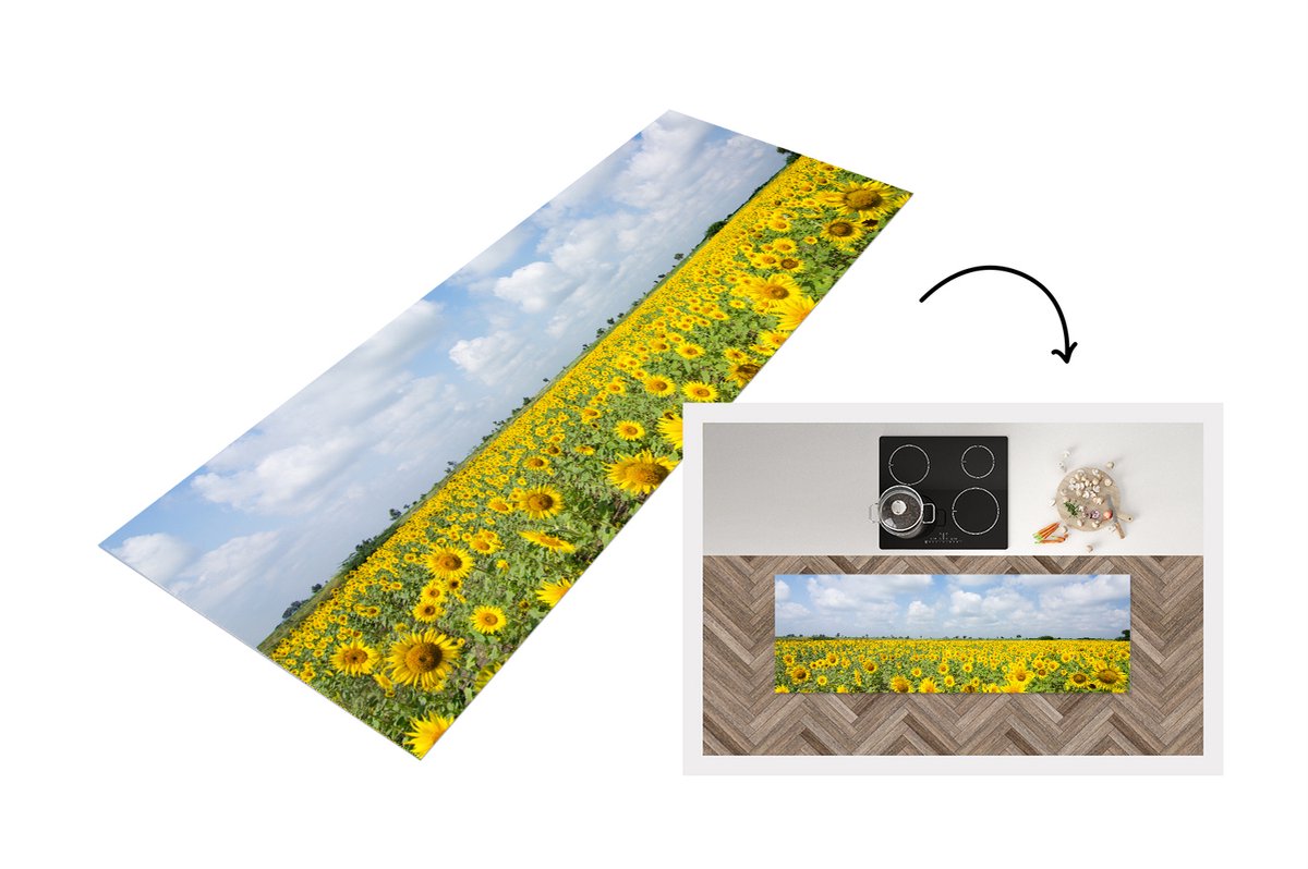 KitchenYeah Keukenloper - Loper keuken - Zonnebloemen - Wolken - Natuur - 150x50 cm - Keukenloper vinyl Multicolor