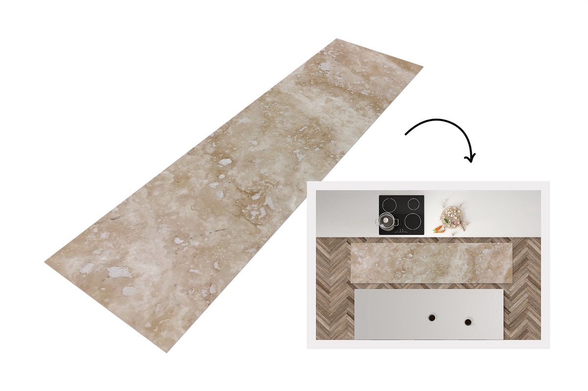 KitchenYeah Keukenloper - Loper keuken - Marmer met beige en wit - 200x50 cm - Keukenloper vinyl Multicolor