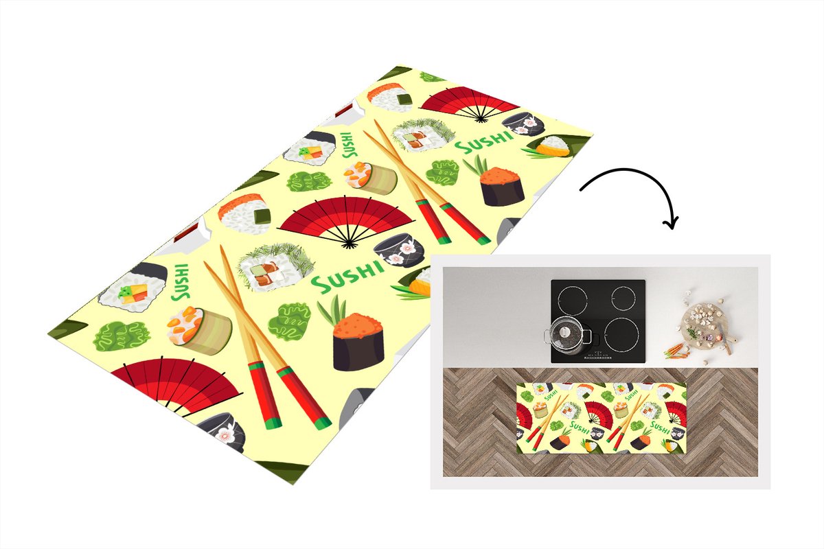KitchenYeah Keukenloper - Loper keuken - Sushi - Japan - Patronen - 120x50 cm - Keukenloper vinyl Multicolor