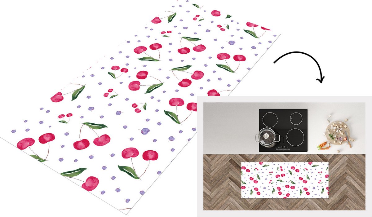 KitchenYeah Keukenloper - Loper keuken - Kersen - Wit - Patronen - 120x50 cm - Keukenloper vinyl Multicolor