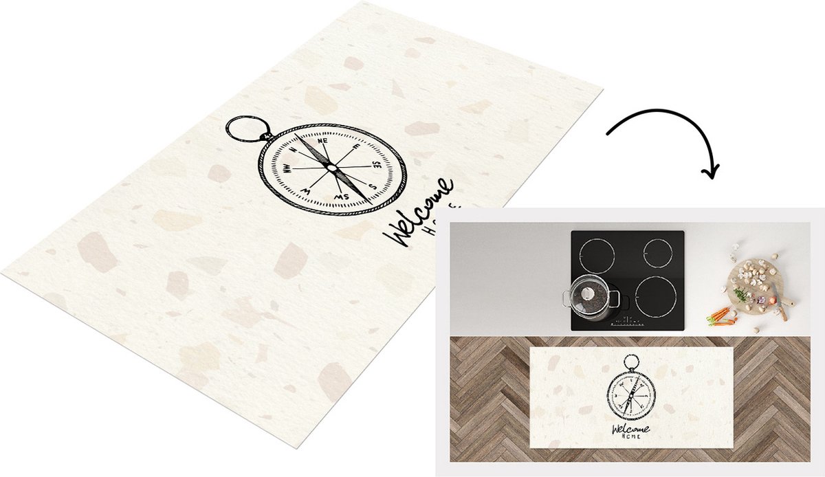 KitchenYeah Keukenloper - Loper keuken - Welkom Thuis - Kompas - Zwart - 120x60 cm - Keukenloper vinyl Multicolor